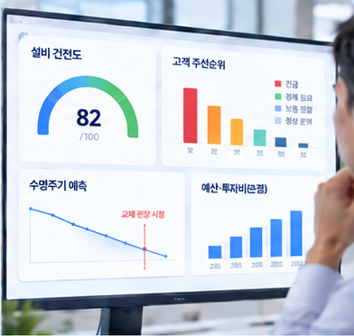 설비 건전도와 우선순위, 수명 예측, 예산 분석 대시보드를 확인하는 모습