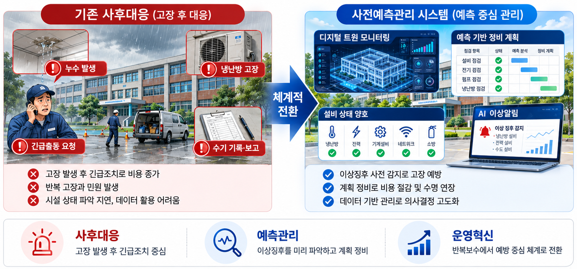 기존 사후대응 방식에서 사전예측관리 시스템으로 전환되는 과정을 보여주는 인포그래픽